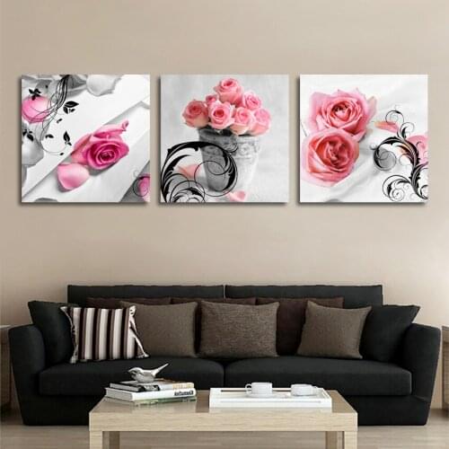 ALMUDENA Unframed 3 Pieces/Set Modern Mural Picture Pink Rose Flower Canvas Art Print Poster Home Decor Bedroom Wall Painting