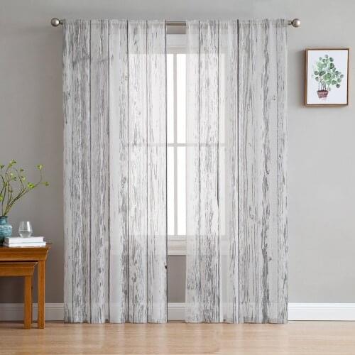 Silver Wooden Board Retro Style Tulle Sheer Window Curtains for Living Room Kitchen Children Bedroom Voile Hanging Curtain
