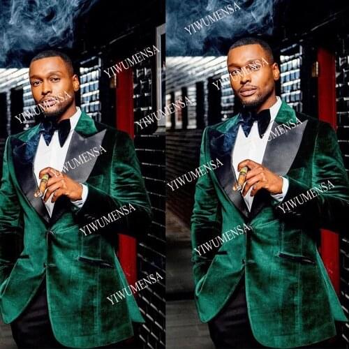 YIWUMENSA Spring/Autumn Green Blazers Velvet Men Suits Groom Male Clothing Black Satin Peaked Lapel Jacket Slim Fit Coat Tuxedo