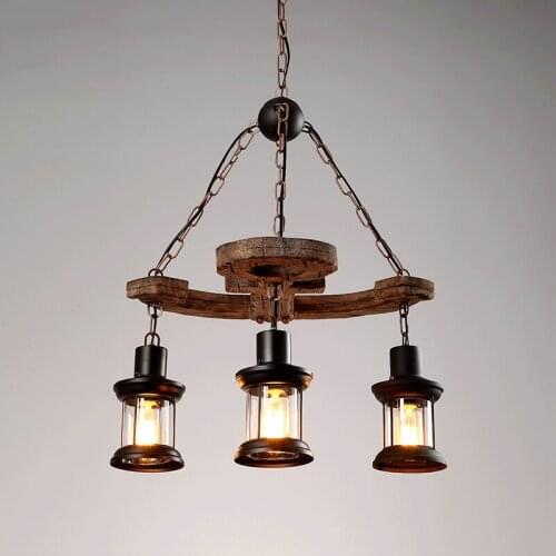Vintage Loft Country Wood chandelier Light Glass Lantern Retro Hanging Lamp for Cafe Clothing Store