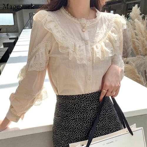 2021 Autumn Elegant Ladies Tops and Blouses Solid Lace Cotton Linen Blouse Women Button Up Harajuku Shirts Women Blusas 8049 50
