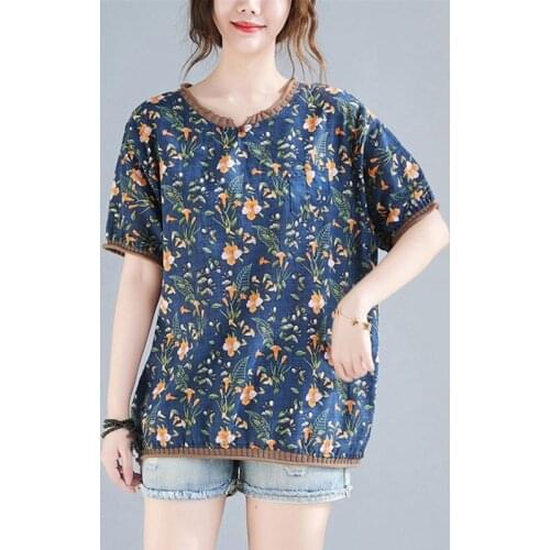 Women Cotton Linen Casual T-shirts New 2021 Summer Simple Style Vintage Floral Print All-match Loose Female Tops Tees S3579