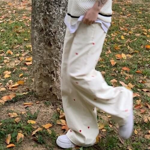 Womens Jeans 2021 New Y2K Streetwear Heart-shaped Embroidery Elastic Waist Vintage Baggy Straight Denim Trouser Wide Leg Pants