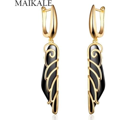 MAIKALE Trendy Black White Ceramic Earrings for Women Gold Silver Color Hollow Wing Shape Drop Earrings Fashion Jewelry Gifts