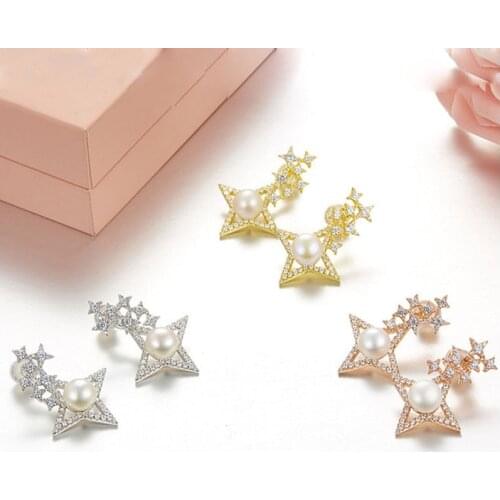 SLJELY Elegant 925 Sterling Silver Micro Cubic Zirconia Star Pearl Earrings Fashion Brand Design Jewelry for Women Party Banquet