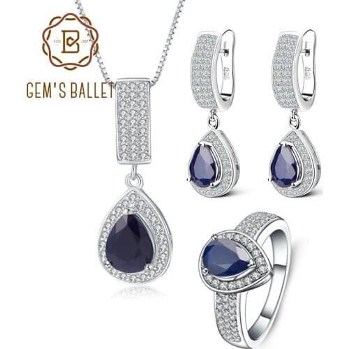 GEMS BALLET Classic Natural Blue Sapphire Gemstone Jewelry Set 925 Sterling Silver Pendant Earrings Ring Set For Women
