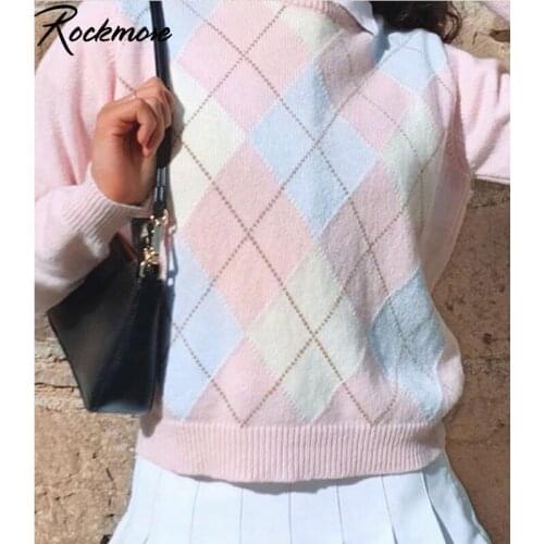 Rockmore Argyle Plaid Sweaters Plus Size Pullovers Women Aesthetic Checkered Long Sleeve Pullover Casual Cardigans Streetwear
