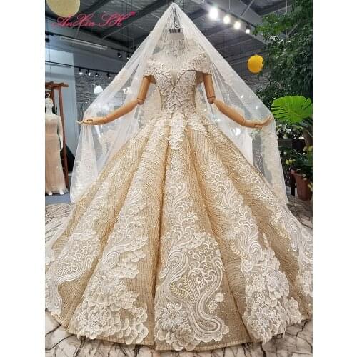 AnXin SH Luxury princess champagne rose flower lace beading crystal boat neck sparkly wedding dress 100% real photo 11408