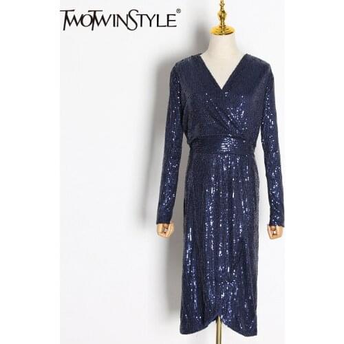 TWOTWINSTYLE Sequin Blue Dress For Women V Neck Long Sleeve High Waist Solid Dress Female Fashion Clothing 2021 Autumn