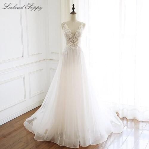 Vestido de Noiva Womens A-line V-neck Beaded Wedding Dresses Sleeveless Lace Appliques Backless Sweep Train Bridal Gowns
