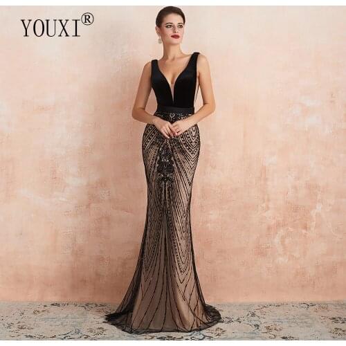 YOUXI Mermaid Evening Dress 2019 Sexy Plunging Backless Black and Champagne Long Prom Formal Gown robe de soiree