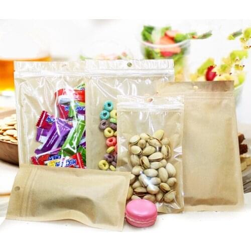 100Pcs/Lot New Style Zipper Top Plastic Bag Kraft Paper Pouch With Clear Window For Dried Food Nuts Candy Party Gift Package