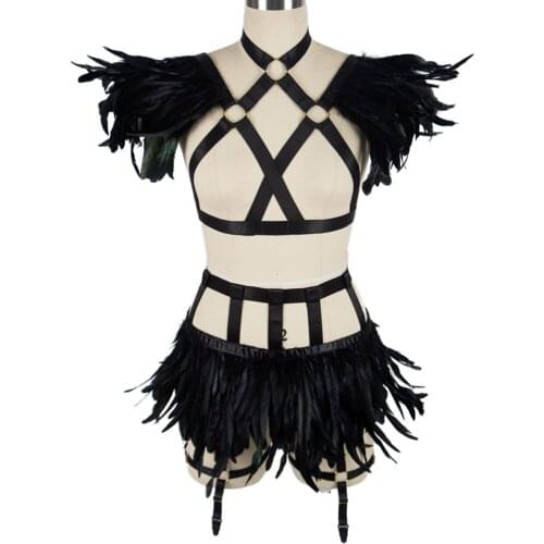 Bondage Harness Bra And Feathers Skirt For Women Fashion Sexy Cage Exotic Lingerie Punk Gothic Costume Dance Festival Rave Wear