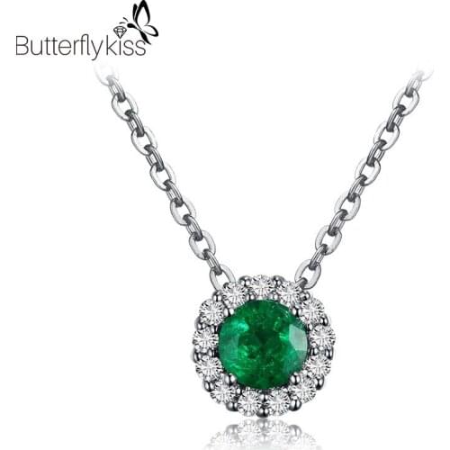 BK 18k White Gold Pendant Necklaces For Women Genuine Gold 585 Round Natural Emerald Gemstone With Diamond Wedding Jewelry