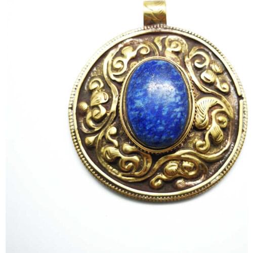 TBP438 Natural Lapis Lazuli Big Pendant Indian Handmade Vintage Pendants Brass Golden Flower