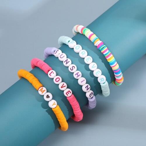 Boho Handmade Polymer Clay Bracelet for Women Men Colorful Letters Beads Love Heart Bracelet Bangles 2021 Summer Jewelry
