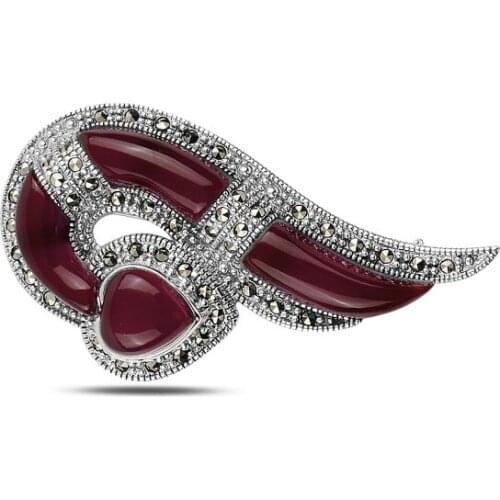 Silver 925 Sterling Natural Stone & Marcasite Gemstone Brooch