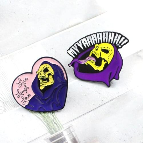Skeleton Brooch Purple Robe Skeleton Master Live Laugh Love MY YAAAHHHH!! Long Tongue Skull Badge Lapel Pin Halloween Jewelry
