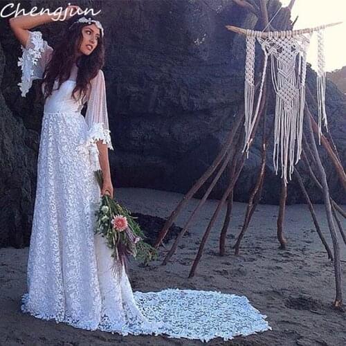 Chengjun Flare Sleeves Illusion Neckline White Lace Bohemian Wedding Gowns
