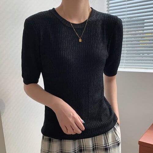 Black Knit T Shirt Casual O-Neck Short Sleeve Tees Female Thin Knitted Tee Shirt Womens Clothes Short Slim T-Shirts Summer White