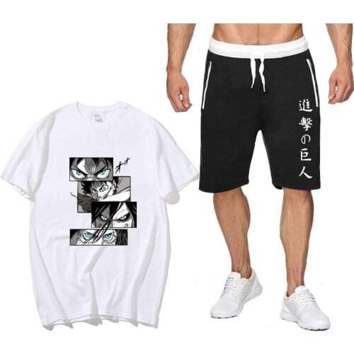 Summer Japan Anime Attack on Titan print Two Piece Set cotton mens T-shirt Sports Streetwear Harajuku Sweatpants Shorts