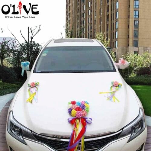 Artificial Flower Wedding Car Decoration Knot Foam Roses Garland Ribbon Deco Car Wedding Flowers Fake Decorative Wreath