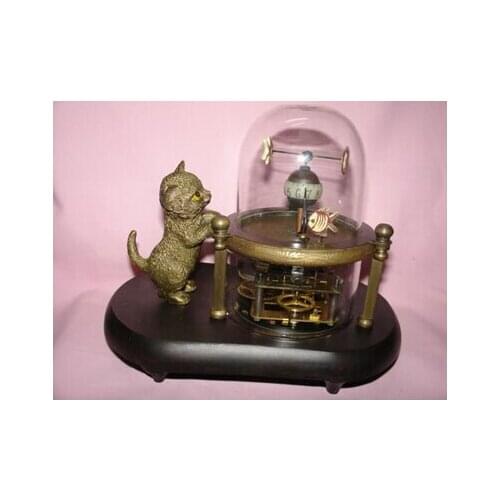Copper Brass CHINESE crafts decoration Asian ree shipping Rare Works Wonderful fish-pot glass machine clock with cute cat