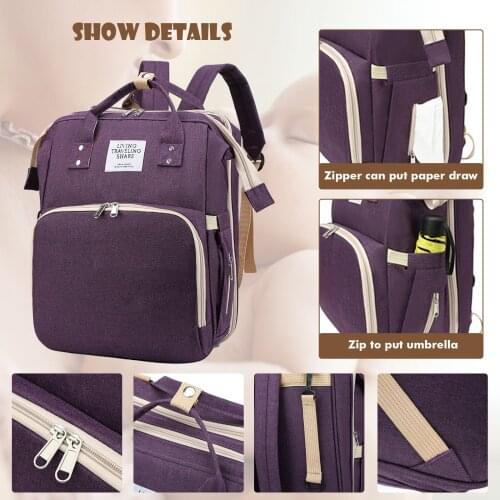 Portable Multifunction Mum Backpack Large Capacity Diaper Bag Baby Changing Bag Foldable Bed with Sunshade Hooks for Mom