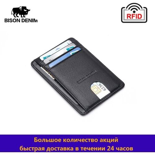 BISON DENIM Genuine Leather Fashion Slim Minimalist Men Wallet Credit Card Holder RFID Blocking Leather Purse Cowskin W9670-1B