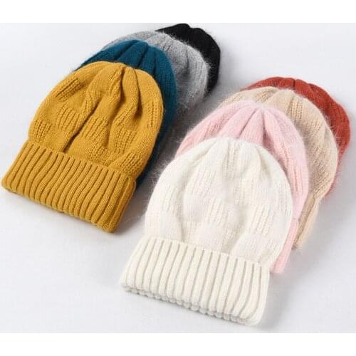 Real Rabbit Fur Winter Hat For Women Thick Ski Plaid Beanies Cashmere Wool Knitted Beanies Warm Soft Knit Hat Bonnet Skullies