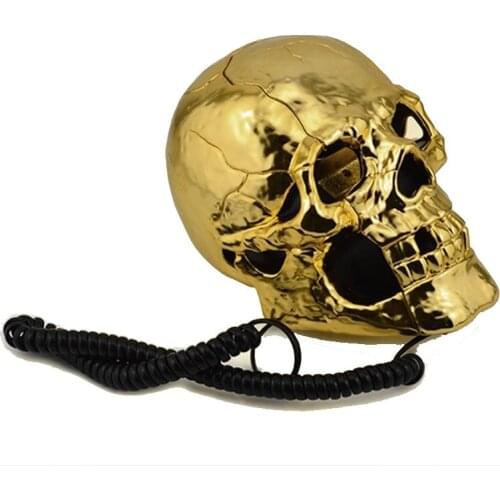New Unique Skull Head Skeleton Shaped Flashing Eyes Corded Land Line Home Office Desk Telephone Table Decoration Golden Color