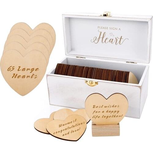 NUI LIVING Alternative Guest Book Box Wedding Guest Book Alternative - 65 Large Wooden Hearts - Also for Baby Shower, Bridal Sho