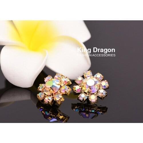 AB Rhinestone Button Used On Flower Center 15MM 10PCS/Lot Shank Back Gold Color KD487