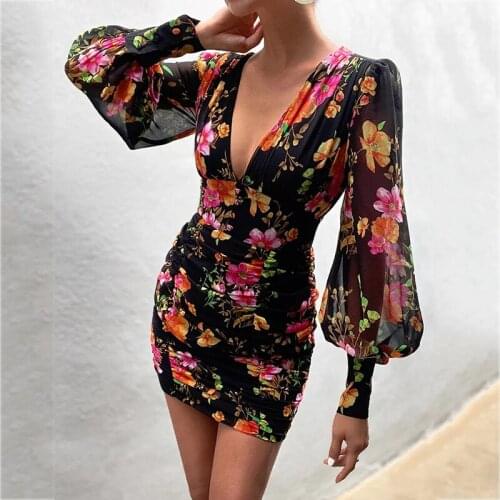 Foridol Ruched Lantern Sleeve Bodycon Party Dress Deep V Neck Sexy Floral Print Mini Dress Club Autumn Dress Vestidos De Fiesta