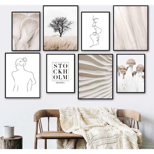 Sand Mushroom Line Nude Girl Reed Tree Wall Art Canvas Painting Nordic Posters And Prints Wall Pictures For Living Room Decor