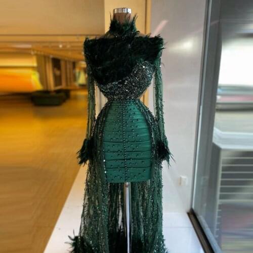 Luxury Feathers Evening Dresses Hi Low Tulle See Thru Long Sleeves Beaded High Neck Women Pageant Prom Gowns 2021