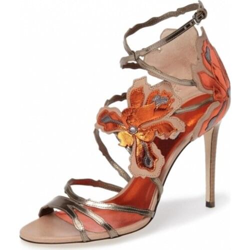 Summer Thin High Heel Sandals Women Open Toe shoes Flowers Sweet Style Flock Shoes For Lady sapato Size Plus 33-43