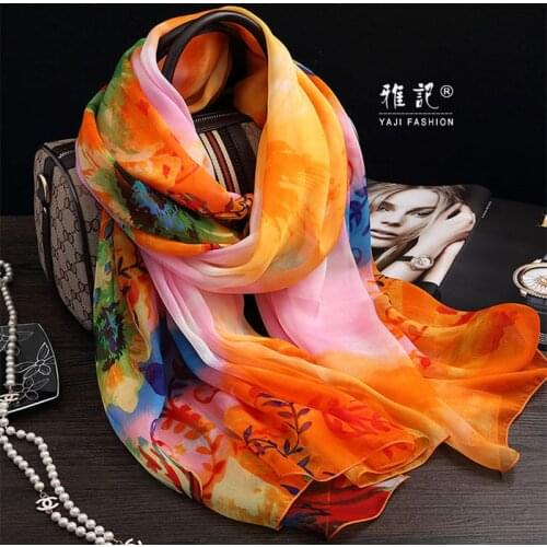 100% silk scarf Women Printed Orange floral silk scarf ladies Hangzhou all seasons elegant soft Long Shawl Wrap spring