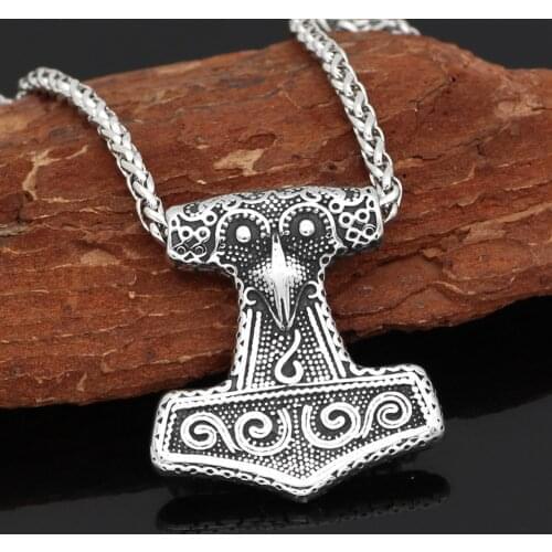 Nordic Viking Mjolnir Stainless Steel Thor Hammer Raven Knot Amulet Necklace For Men With Valknut Gift Bag