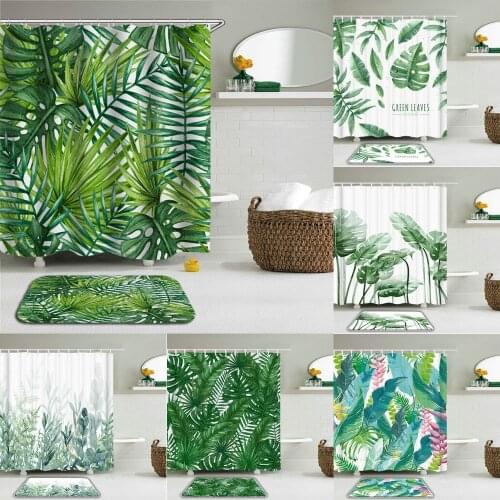 2pc Green Plants Leaves Shower Curtains Set Bathroom Waterproof Polyester With Rectangle Non-slip Floor Mat Bath Curtain Set