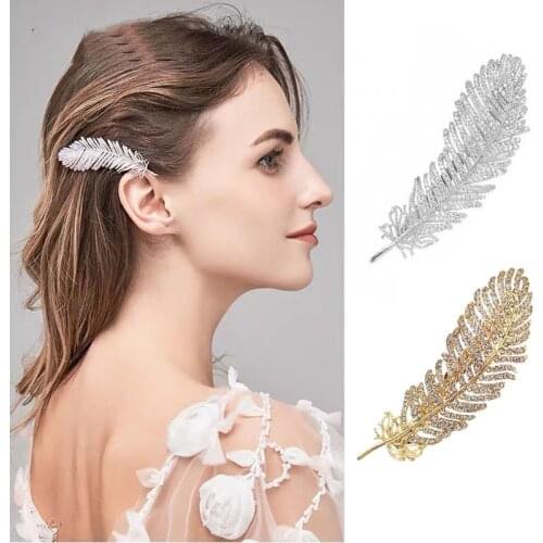 Korean Shining Feather Rhinestone Hair Clips Hair Accessories For Women Fashion Gold Silver Color Barrette Girl Wedding Headwear