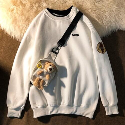 Vintage Bear Embroidery with Bag Super Cute Summer Sweatshirts Teens Girls Women O-neck Long Sleeve Thin Tops 2021Korean Hoodies