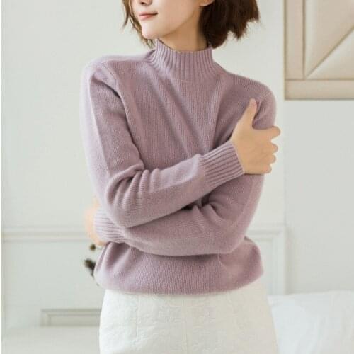 Goat cashmere knit women simple basics pullover sweater high collar S-2XL