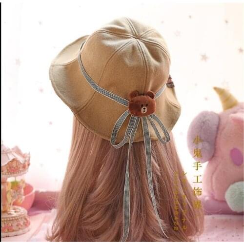 Womens Autumn Winter Sweet Lolita Lovely Bear Ear Berets Cap Japanese Warm Vintage Cute Wool Painter Hat B532
