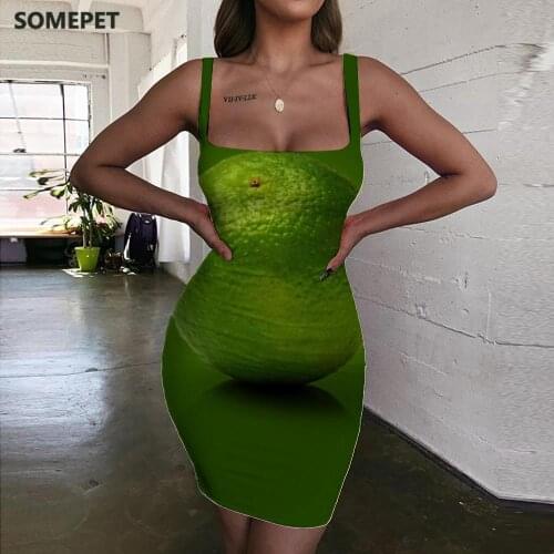SOMEPET Fruit Dress Women Green Halter Sleeveless Painting Vestido Sexy Harajuku Bodycon Dress Womens Clothing Plus Size New