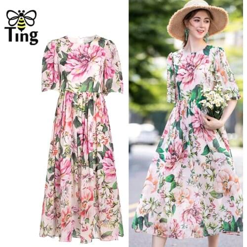 Tingfly Designer Floral Summer Dresses Light Flowy Chiffon Midi Long Dress Women Casual Streetwear A Line Office Style Robes Za