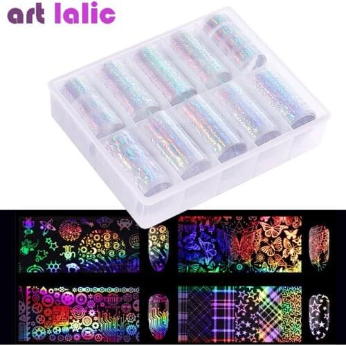 10Pcs Nail Art Stickers Foil Set Designer Holographic Starry Sky Laser Flame Decals Decorations Charms Professional Tools