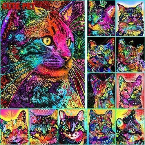 Diamond mosaic Animal abstract doodle cat full square Round Drill Color kitten embroidery cross stitch diamond painting Sale Art