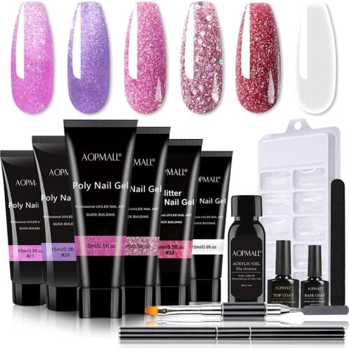 AOPMALL® 6 Color Red Glitter Poly Nail Gel 12 Pcs Starter Nail Kit with Nail Tips Nail Dryer Quick Dry Builder Gel Polish Kit