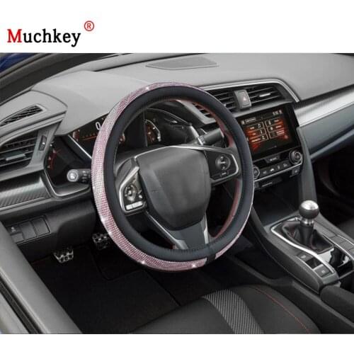 MUCHKEY Brand For Honda Civic 2018 Leather Steering Wheel Cover With Colorful Rhinestone Interior Accessories For Women Girls